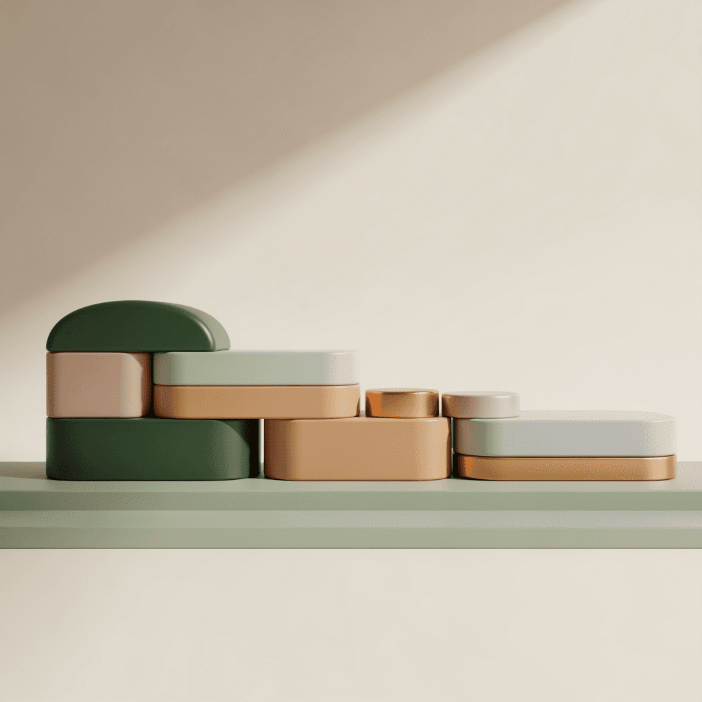 Sage-toned 3D abstract evoking multi-region manufacturing plants and production lines
