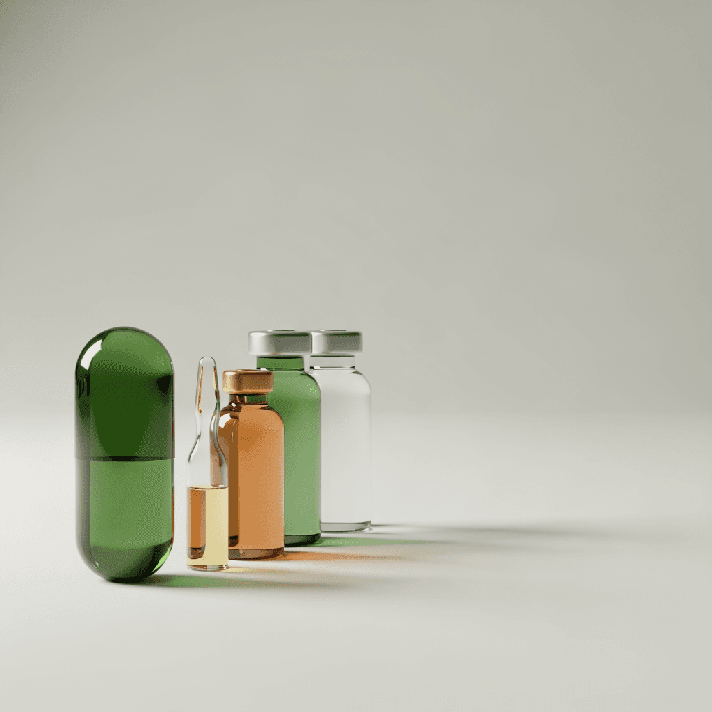 Sage-toned 3D abstract evoking pharmaceutical and chemical process supply chains