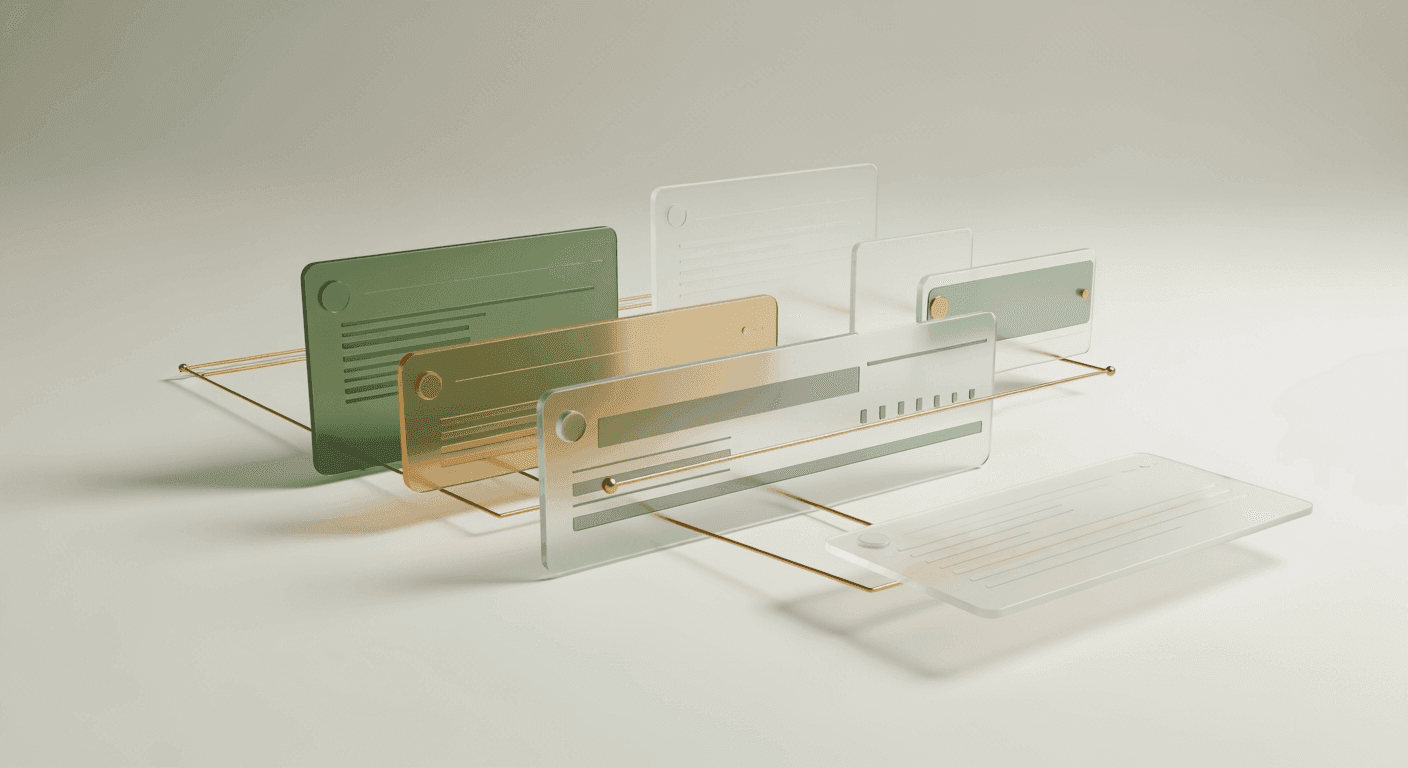 Layered translucent data panels for four jurisdictions, linked from one underlying emissions dataset