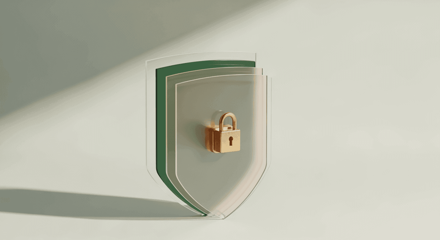 Layered translucent security shields, one forest-green, guarding data behind a brass padlock